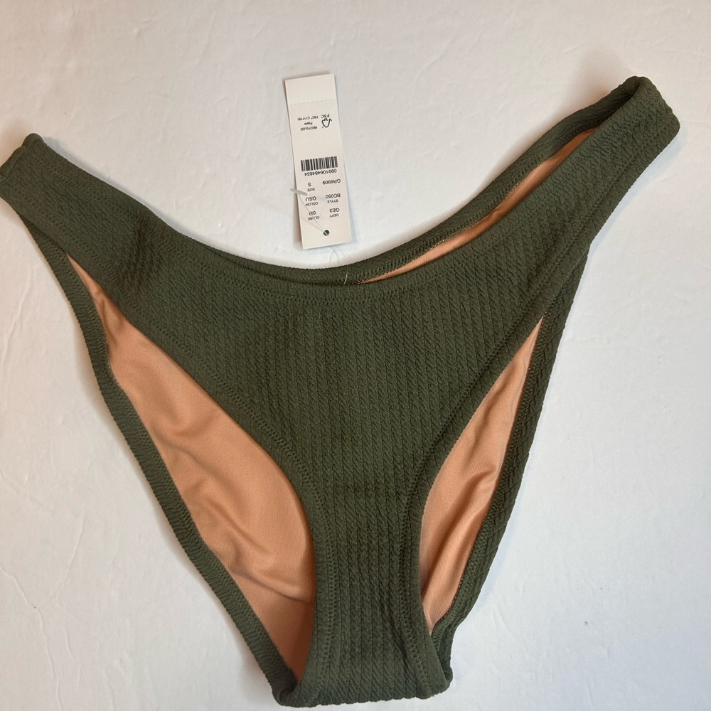 NWT J Crew Women’s Green Bikini Bottom Textured Curved Waist Cheeky Size S